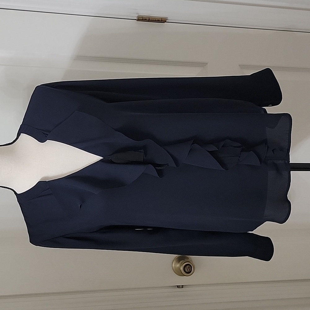 Banana Republic Size S Navy Blue V-Neck w/ Ruffle Front Blouse, Exc. Used Cond.